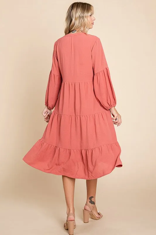 Rust Tiered V Neck Long Sleeve Ruffle Hem Midi Dress