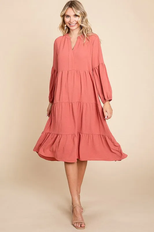 Rust Tiered V Neck Long Sleeve Ruffle Hem Midi Dress