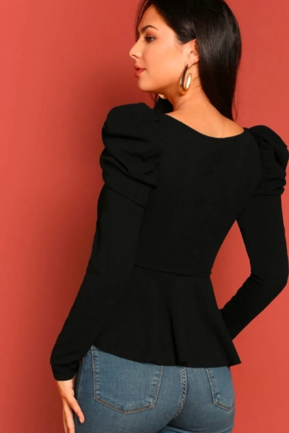 Scoop Neck Puff Sleeve Peplum Top