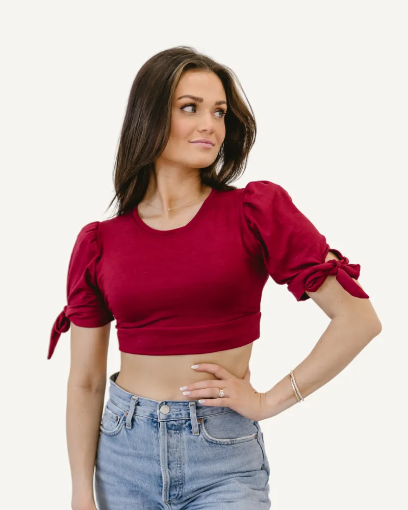 Seasonal Colors Puff Sleeve Halftee with Tie Detail