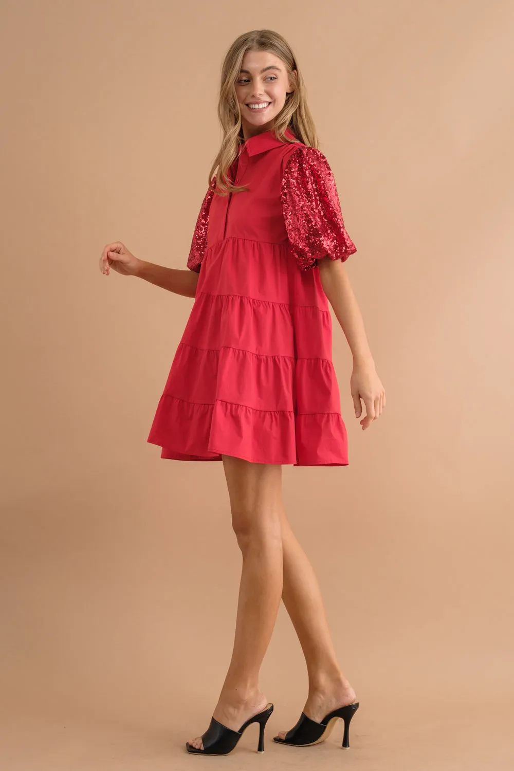 SEQUIN PUFF SLV TIERED POPLIN SHIRT DRESS