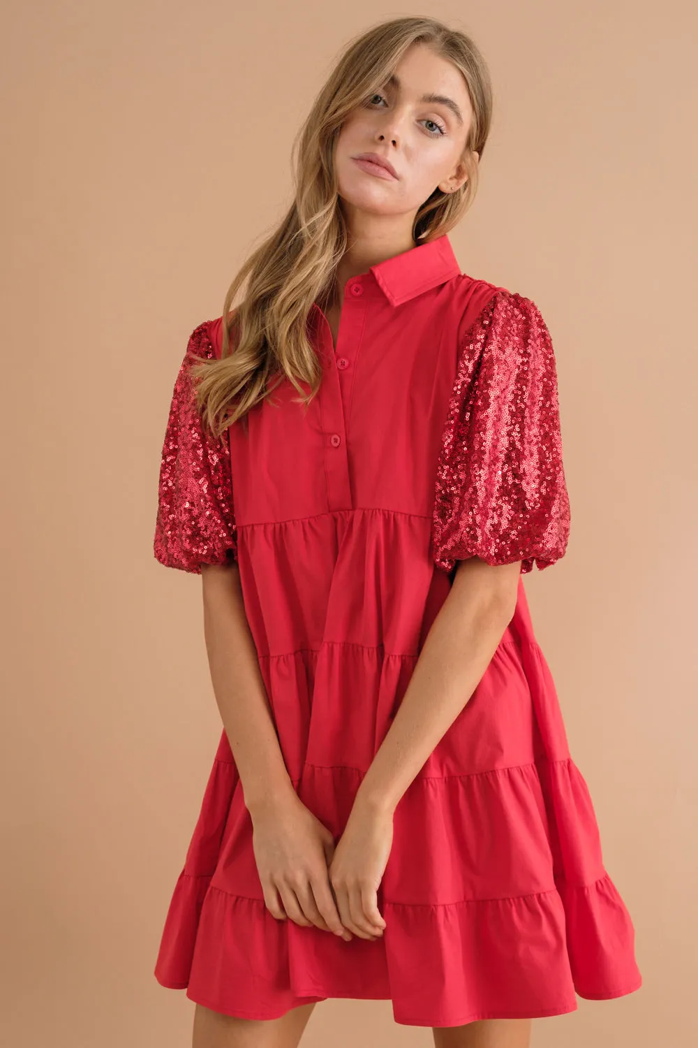 SEQUIN PUFF SLV TIERED POPLIN SHIRT DRESS