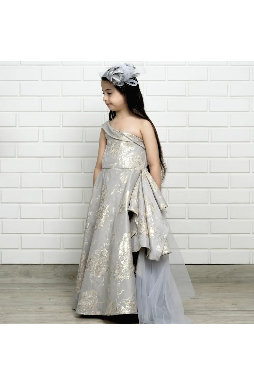 Silver flared embellished brocade one shoulder gown