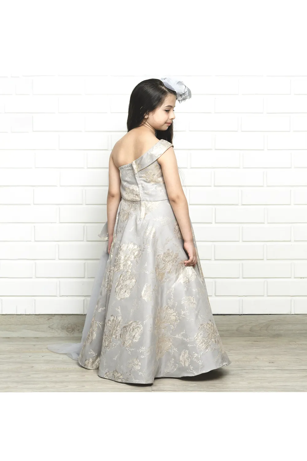 Silver flared embellished brocade one shoulder gown