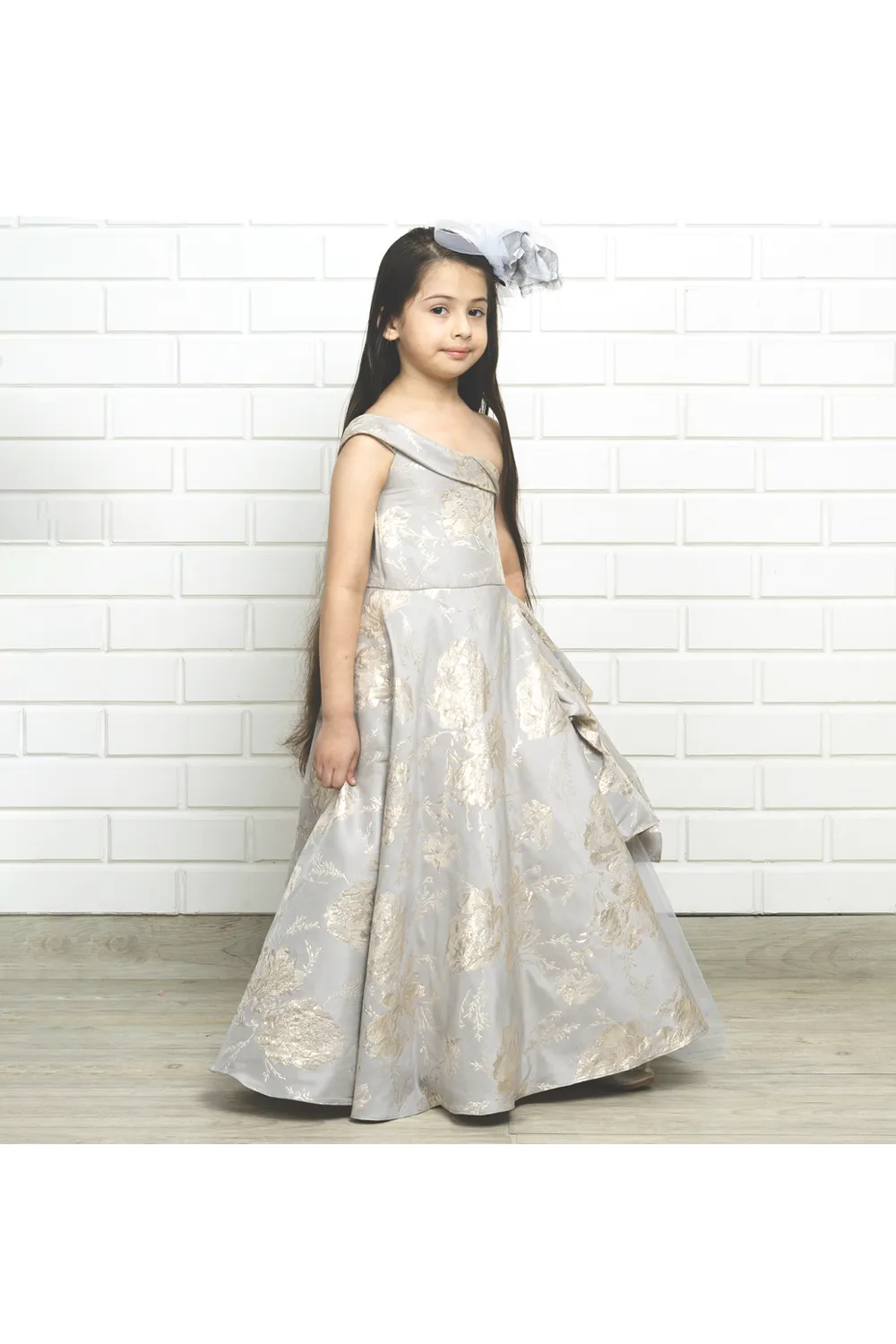 Silver flared embellished brocade one shoulder gown