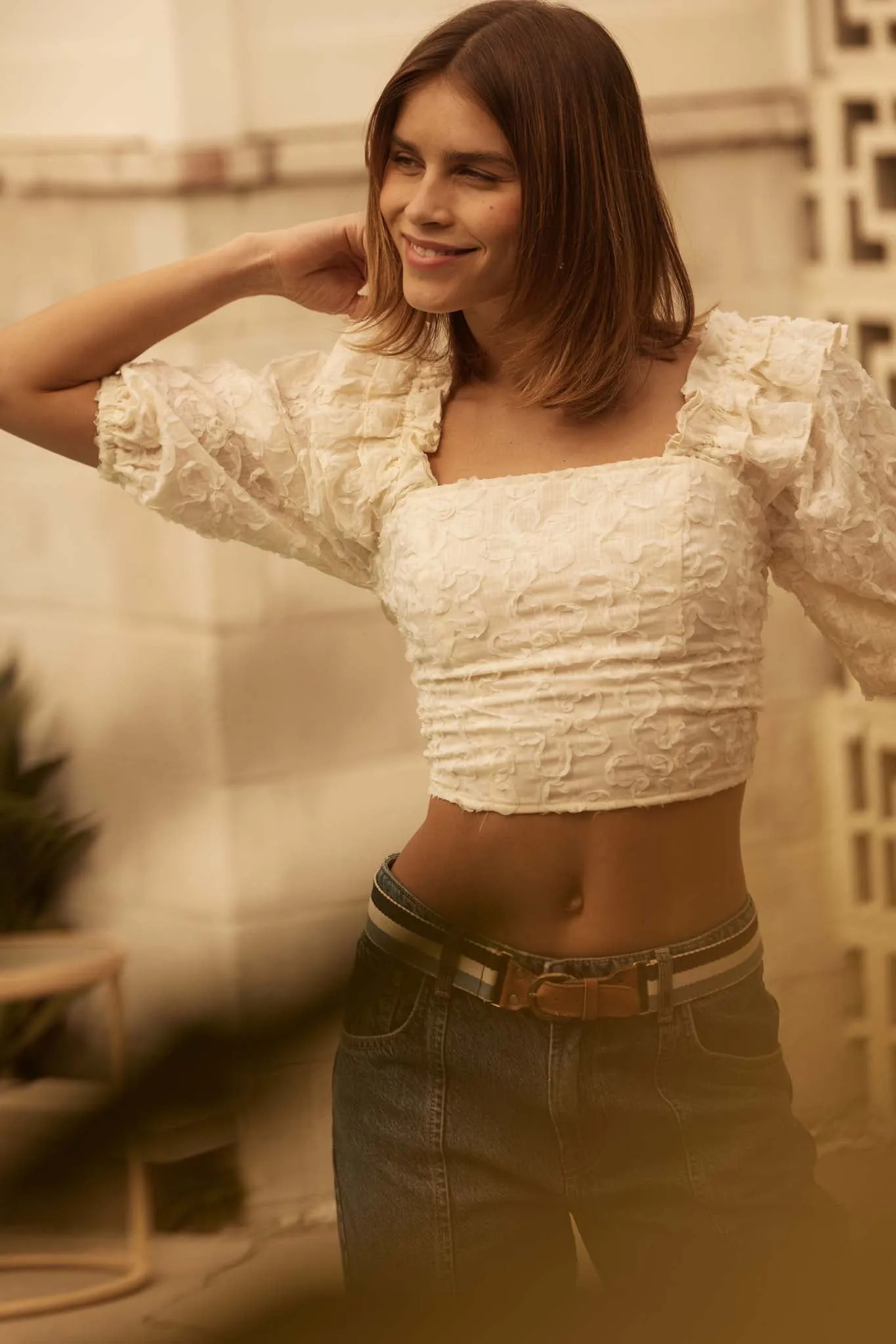 Sitting Pretty Floral Ribbon Lace Puff-Sleeve Top