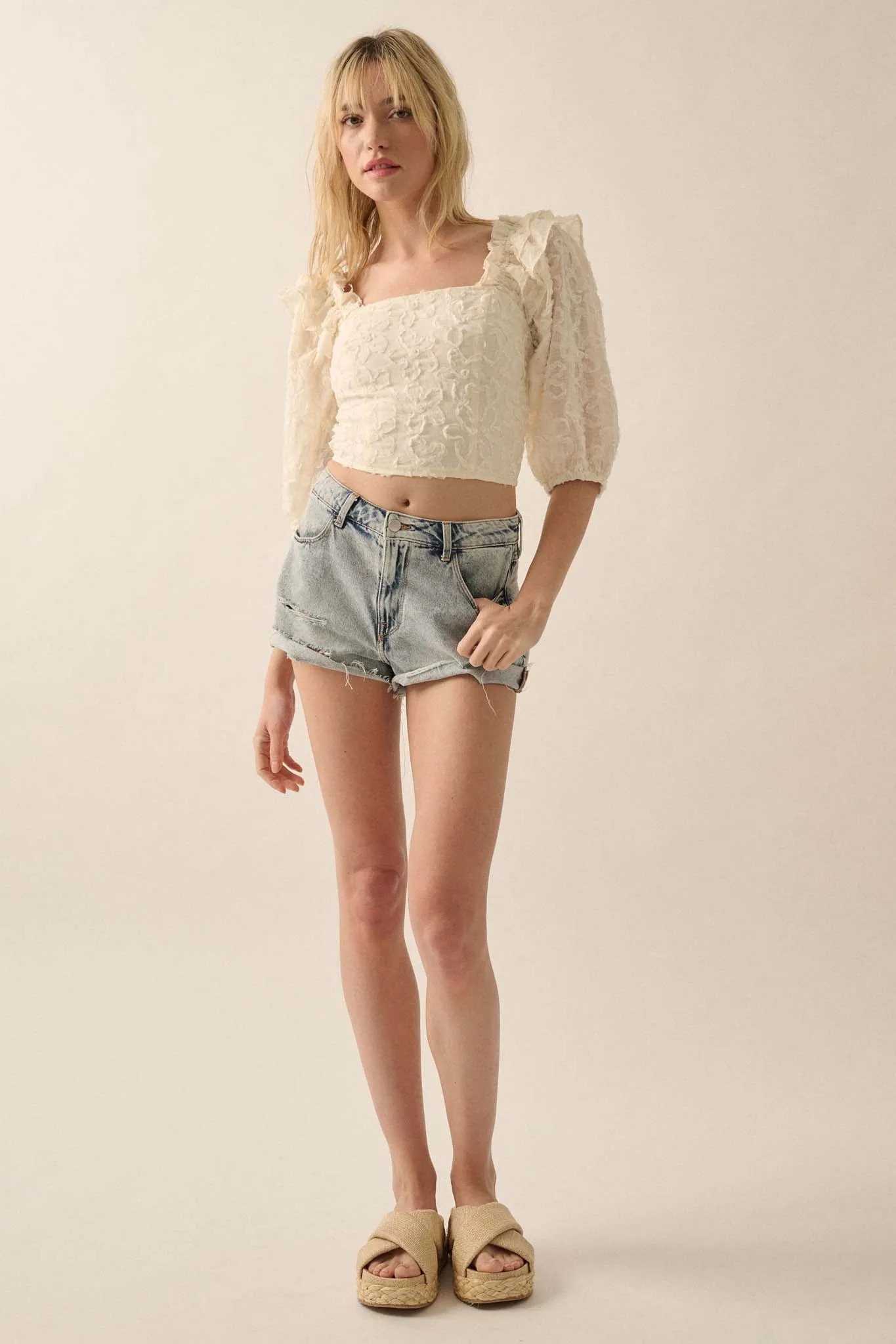 Sitting Pretty Floral Ribbon Lace Puff-Sleeve Top