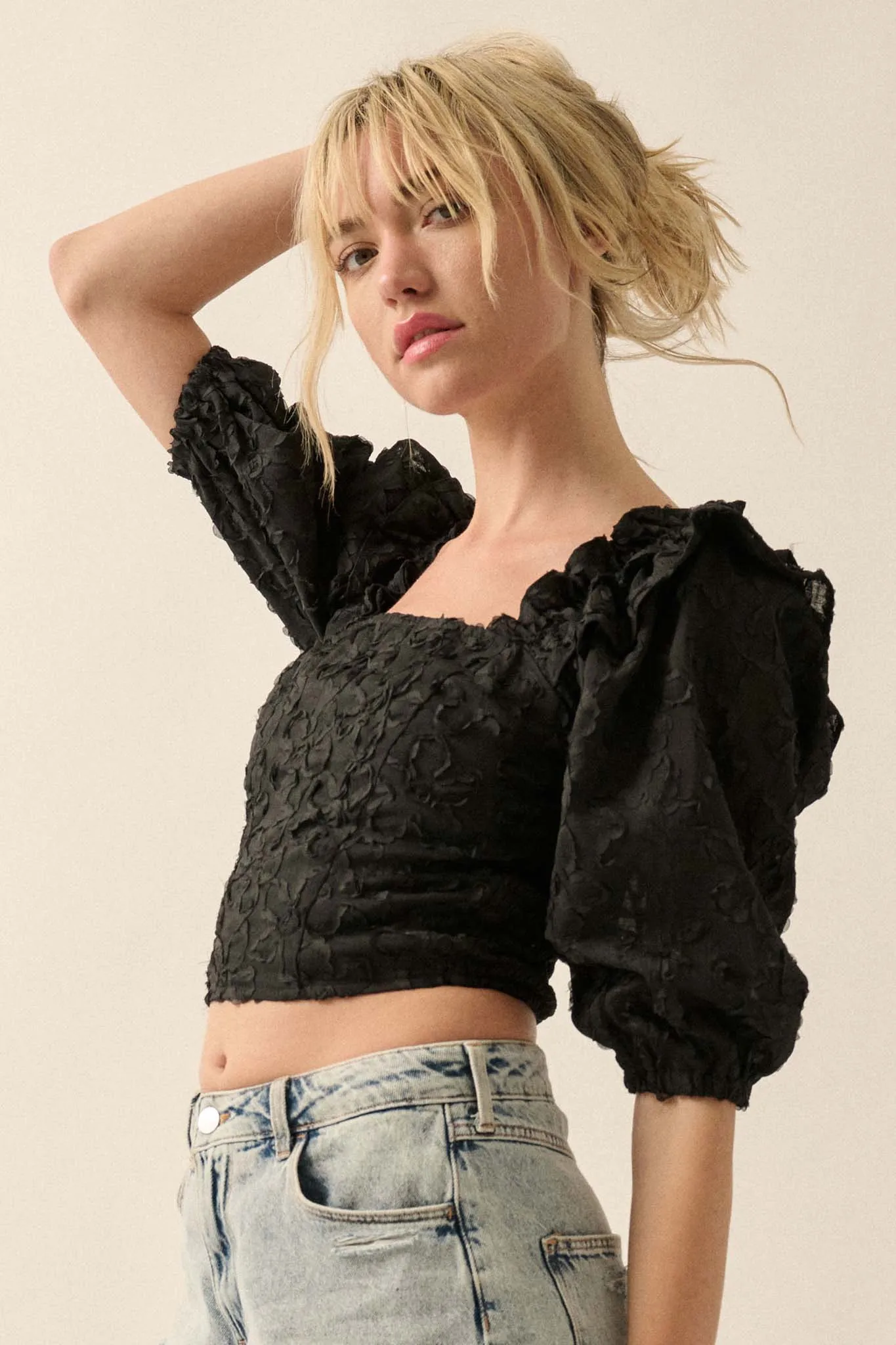 Sitting Pretty Floral Ribbon Lace Puff-Sleeve Top