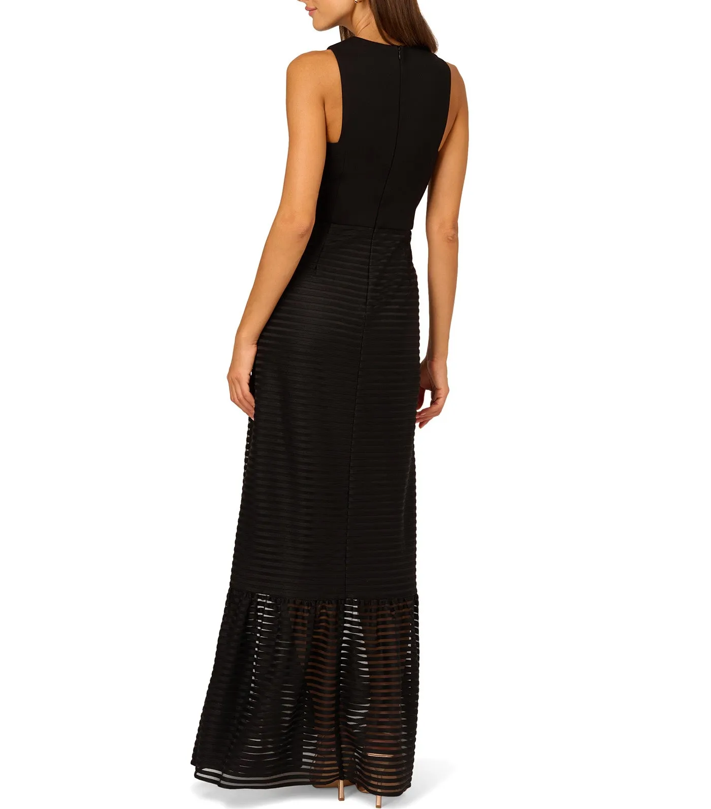 Sleeveless Shadow Stripe Gown with Sheer Flared Skirt Black