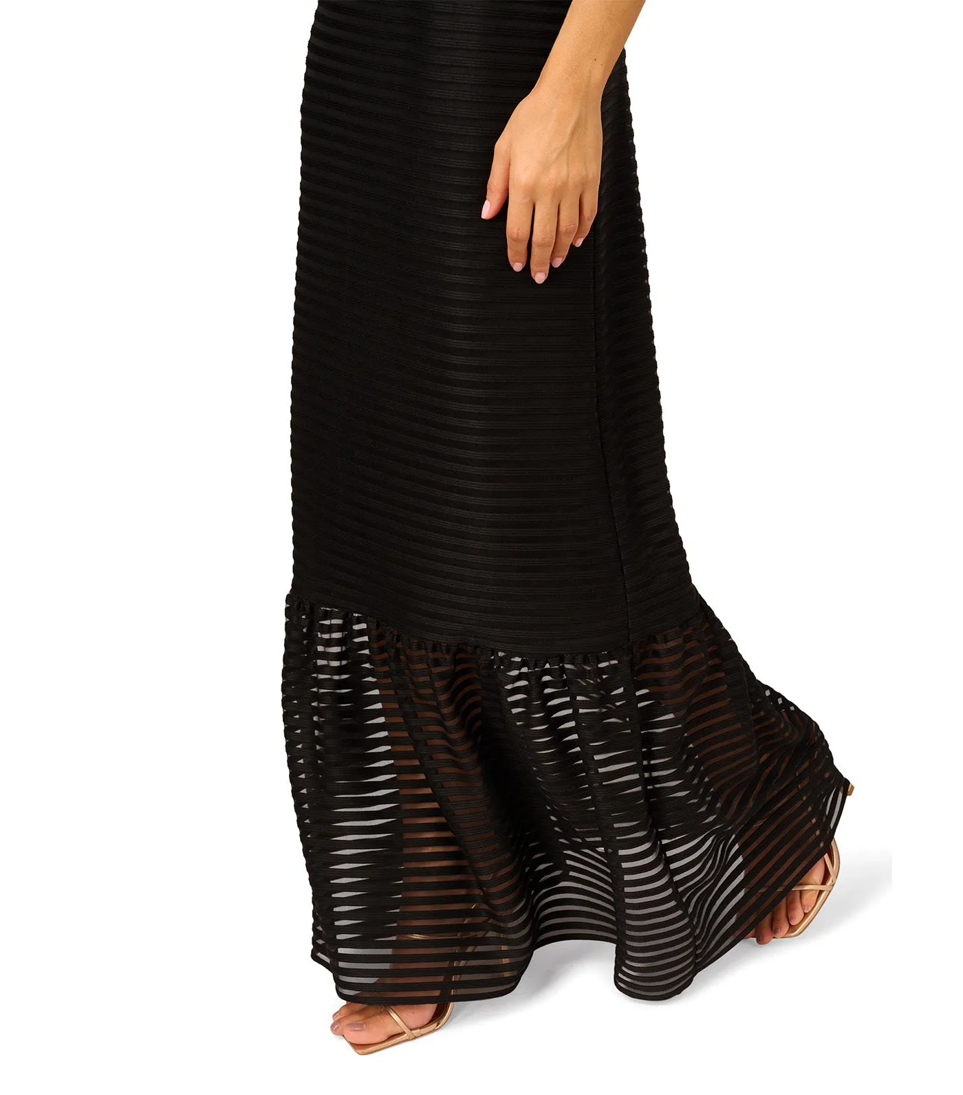 Sleeveless Shadow Stripe Gown with Sheer Flared Skirt Black