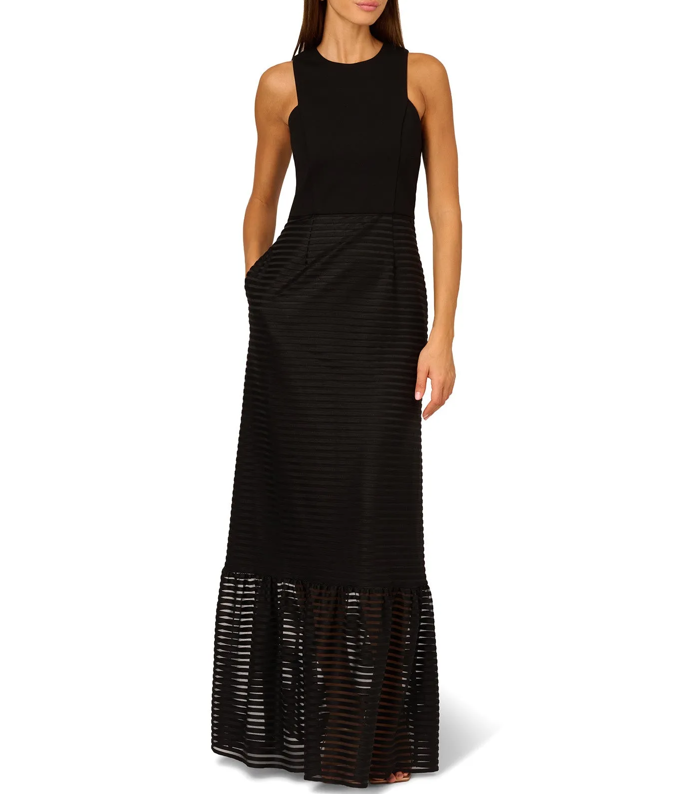 Sleeveless Shadow Stripe Gown with Sheer Flared Skirt Black