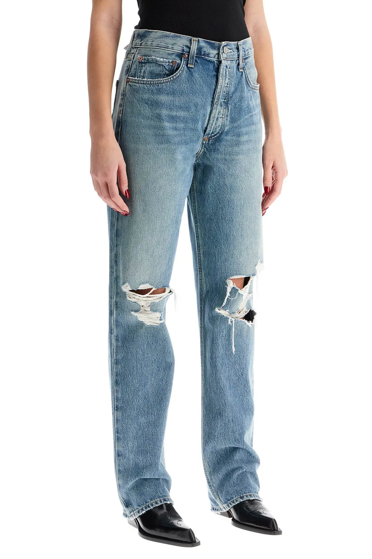 Straight Fit Distressed Denim Jeans