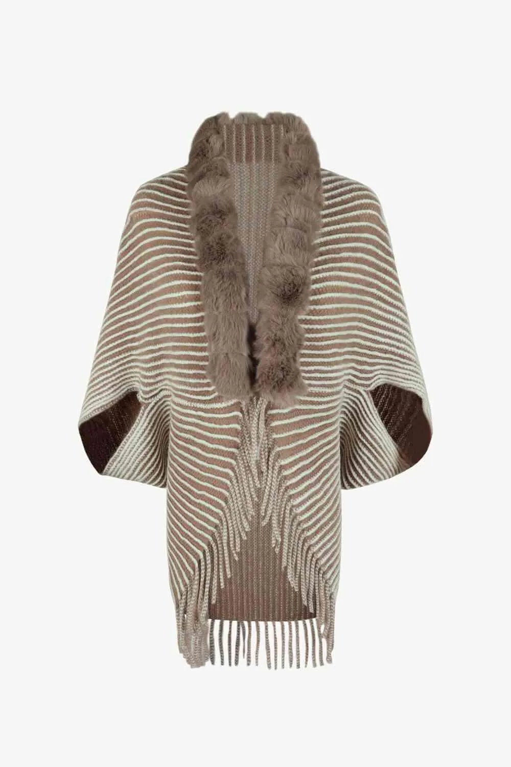 Striped Open Front Fringe Poncho