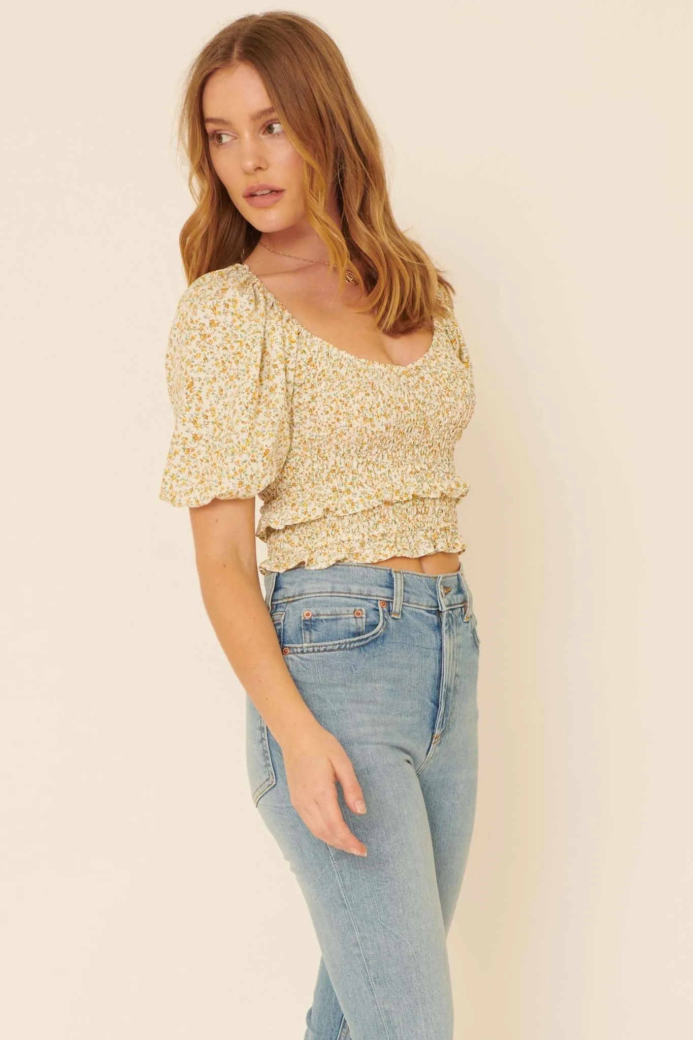 Sunny Side Smocked Floral Cropped Peasant Top