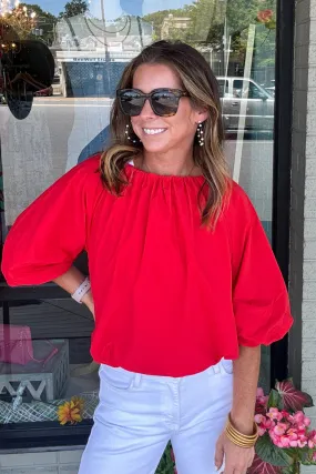 THML-Puff Sleeve Poplin Top-Red