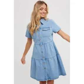 Tiered Denim Shirt Dress Lt Wash