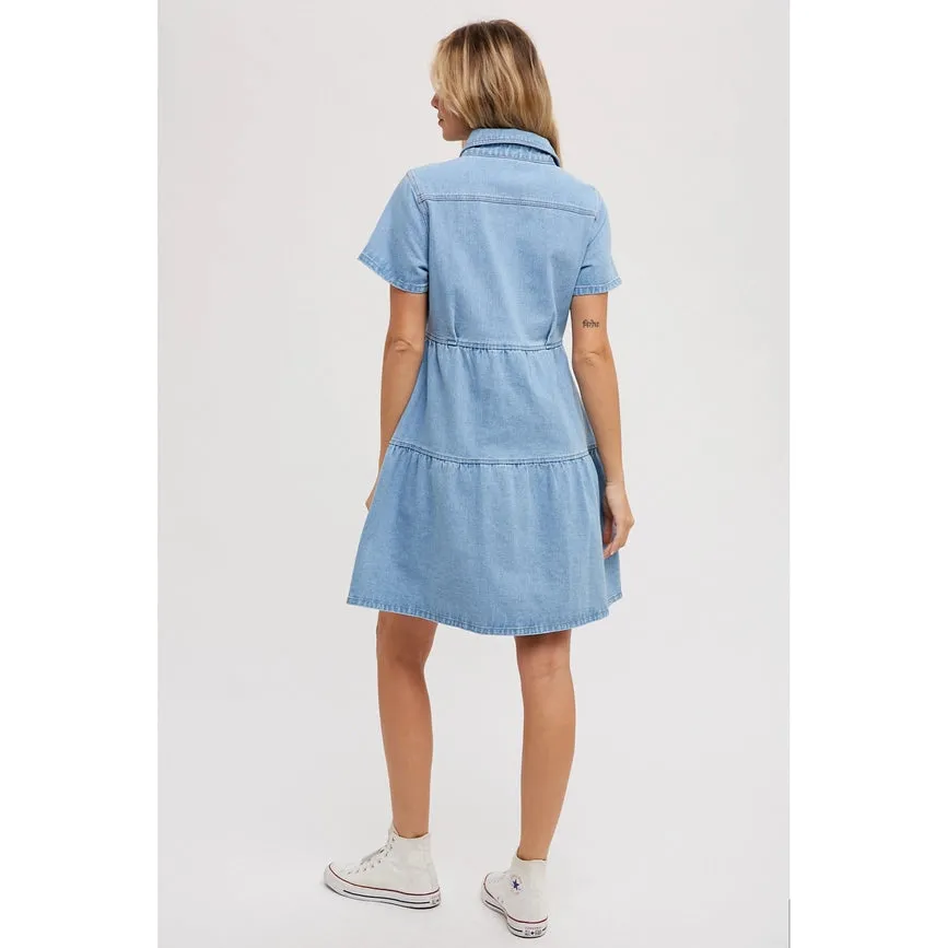 Tiered Denim Shirt Dress Lt Wash