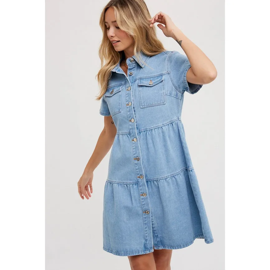 Tiered Denim Shirt Dress Lt Wash