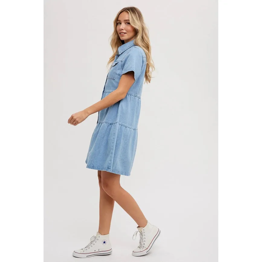 Tiered Denim Shirt Dress Lt Wash