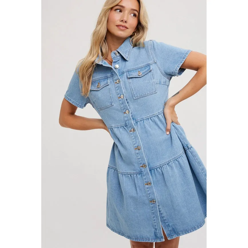 Tiered Denim Shirt Dress Lt Wash