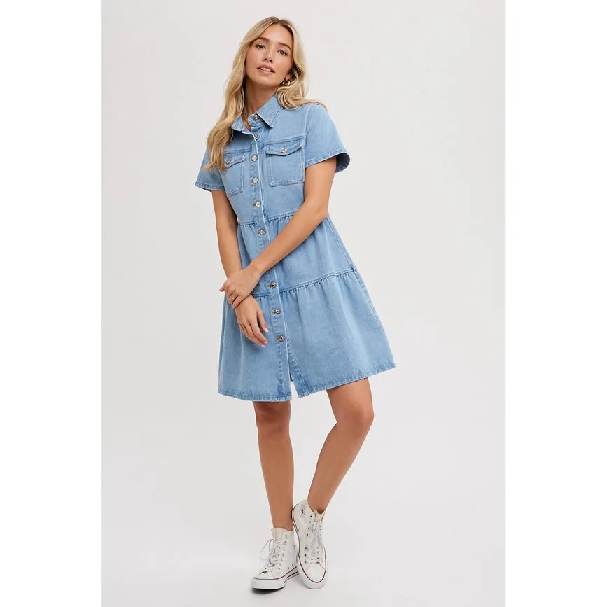 Tiered Denim Shirt Dress Lt Wash