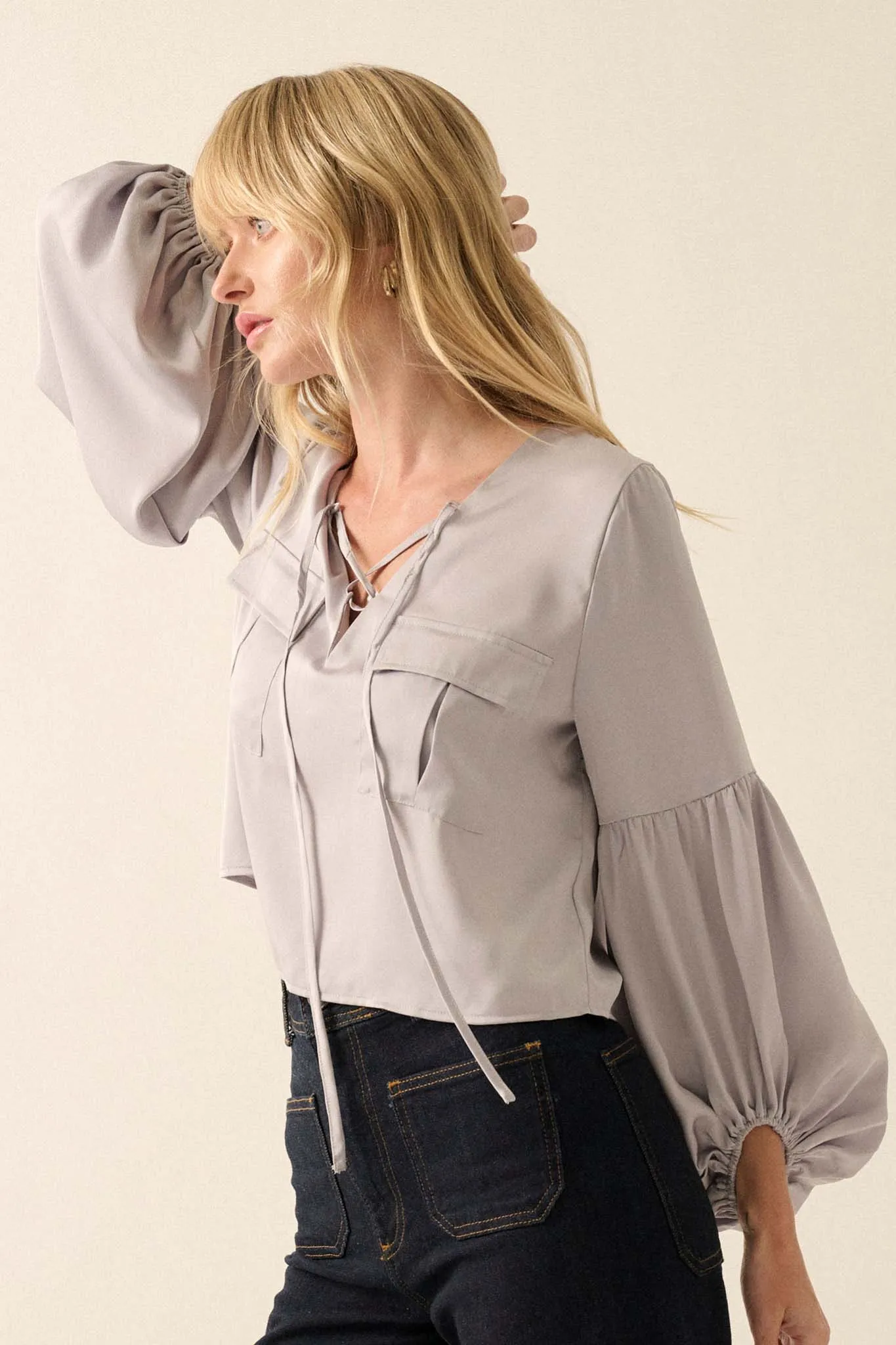 Touch of Silk Matte Satin Lace-Up Peasant Top