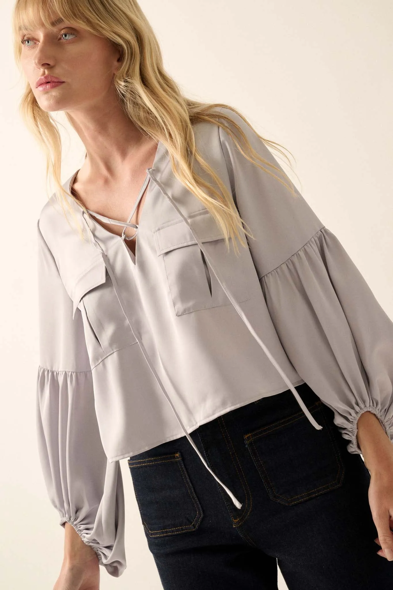 Touch of Silk Matte Satin Lace-Up Peasant Top