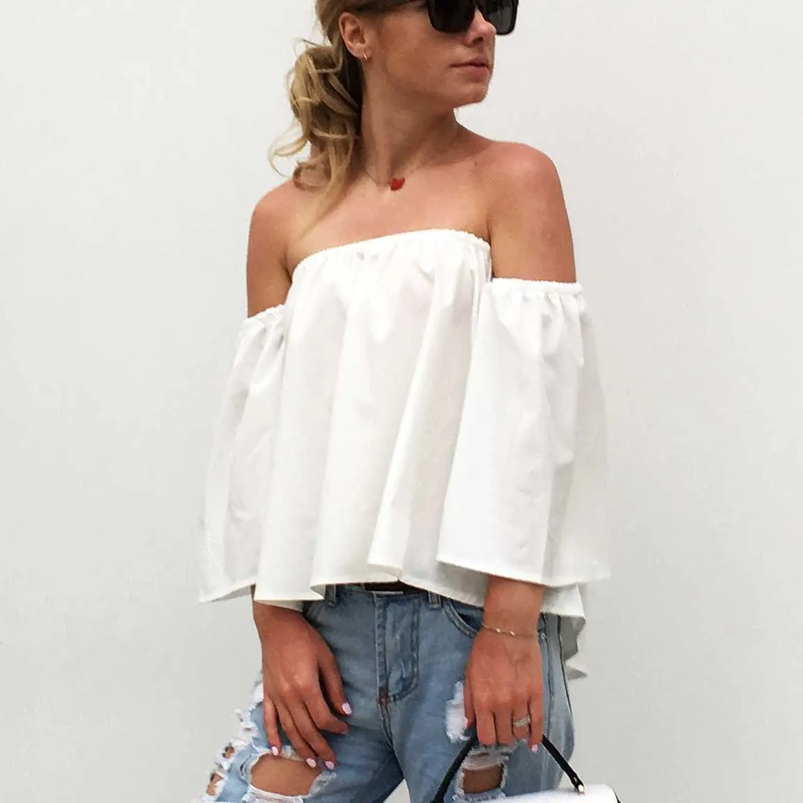 Tummy Hiding Oversized Off The Shoulder Tops Loose Blouse