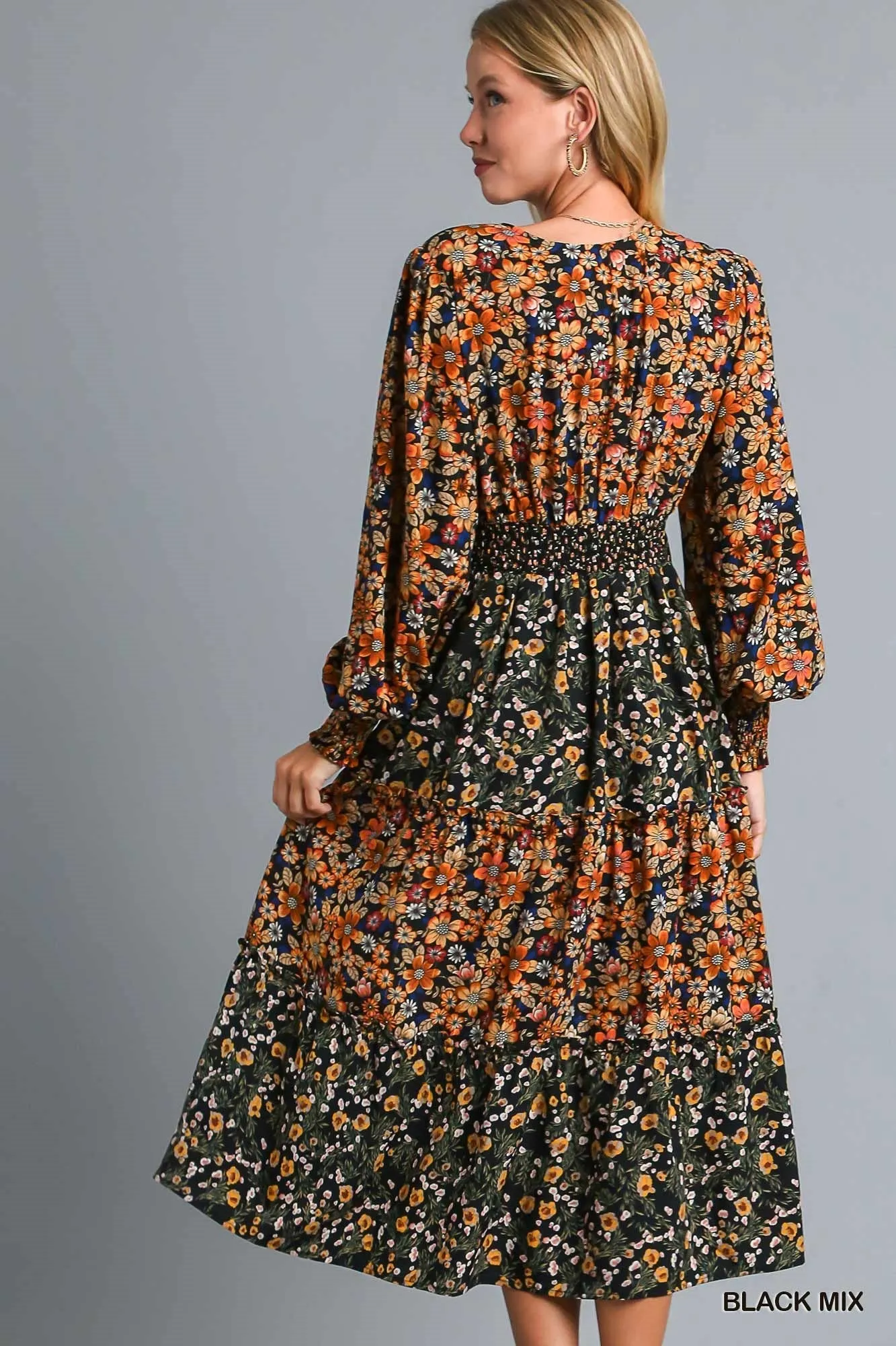 Umgee  V Neck Floral Print Midi Dress