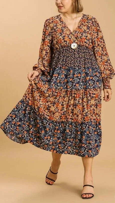 Umgee  V Neck Floral Print Midi Dress