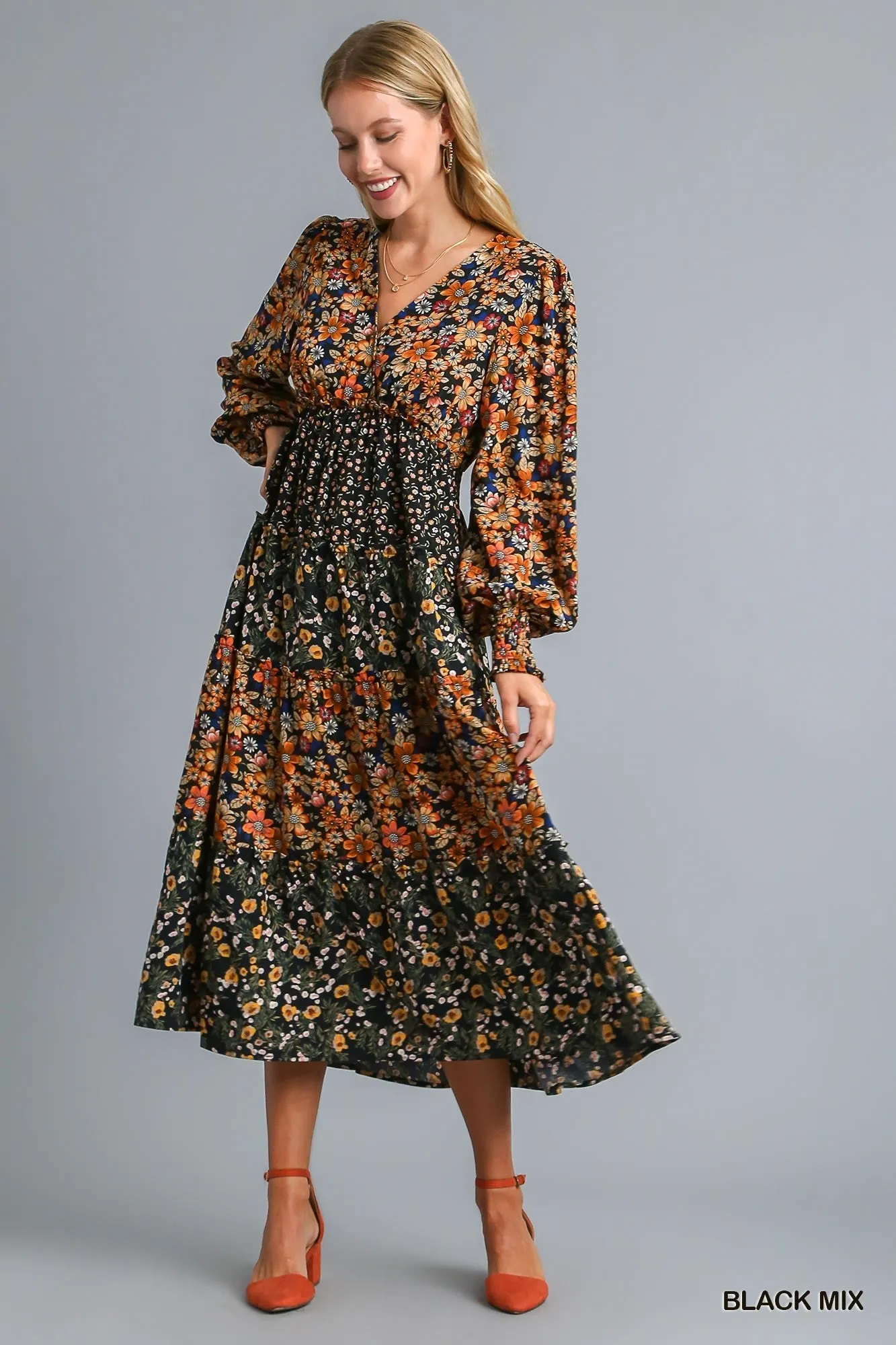 Umgee  V Neck Floral Print Midi Dress