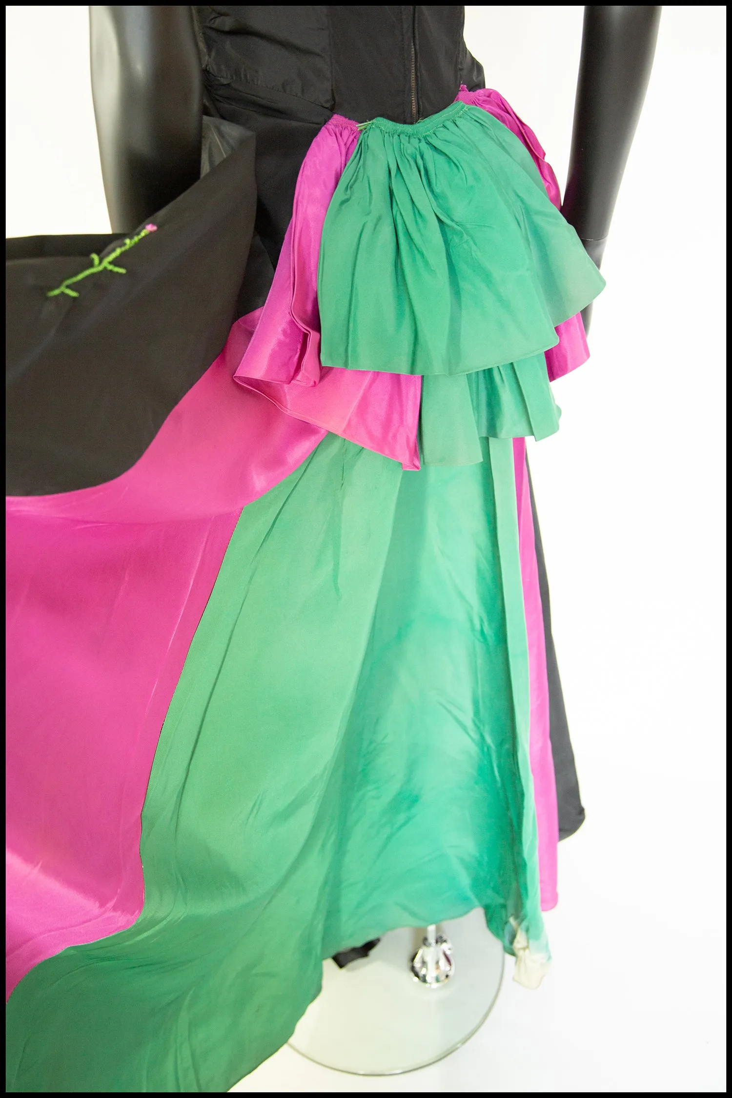 Vintage 1940s Black Green Taffeta Gown