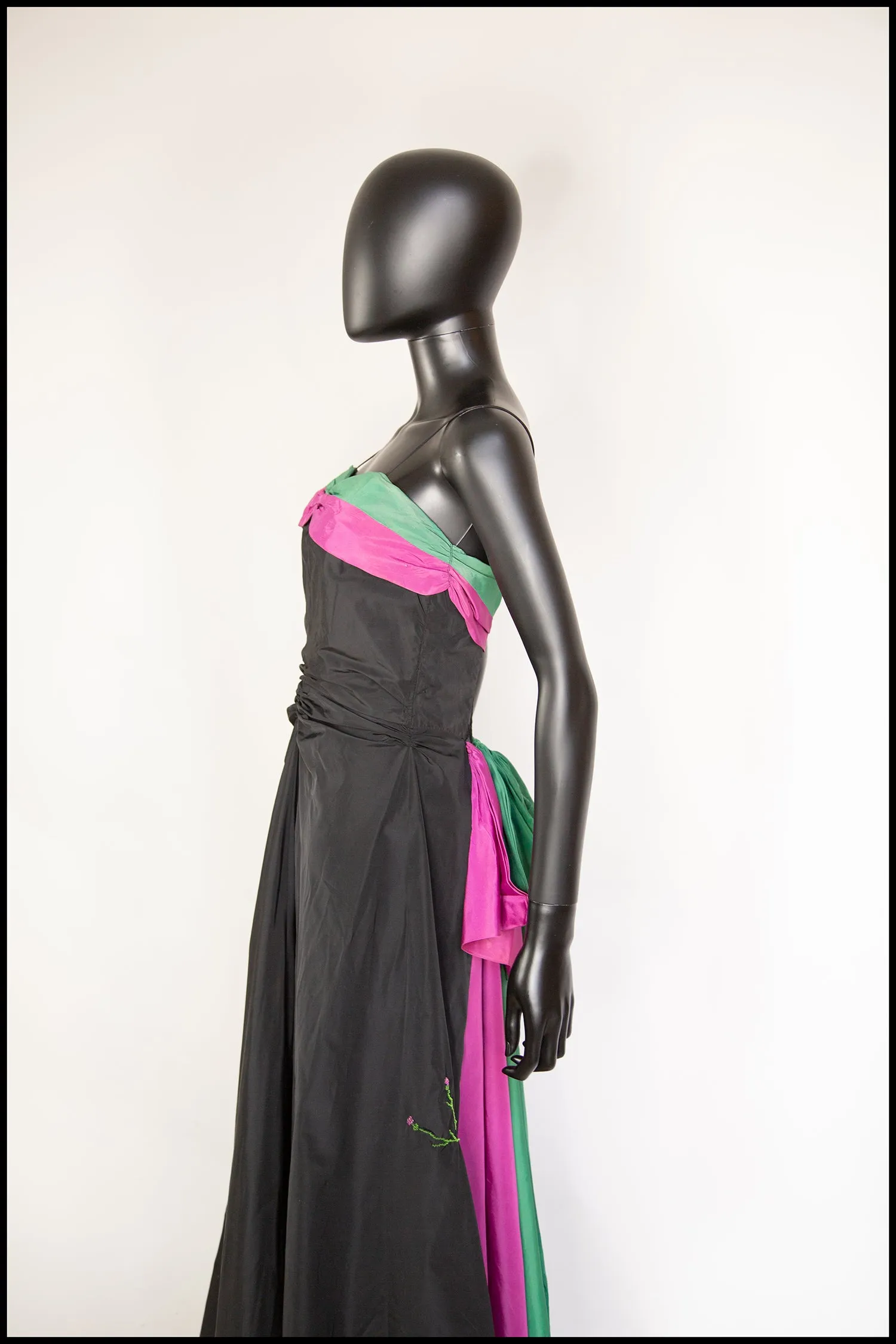 Vintage 1940s Black Green Taffeta Gown