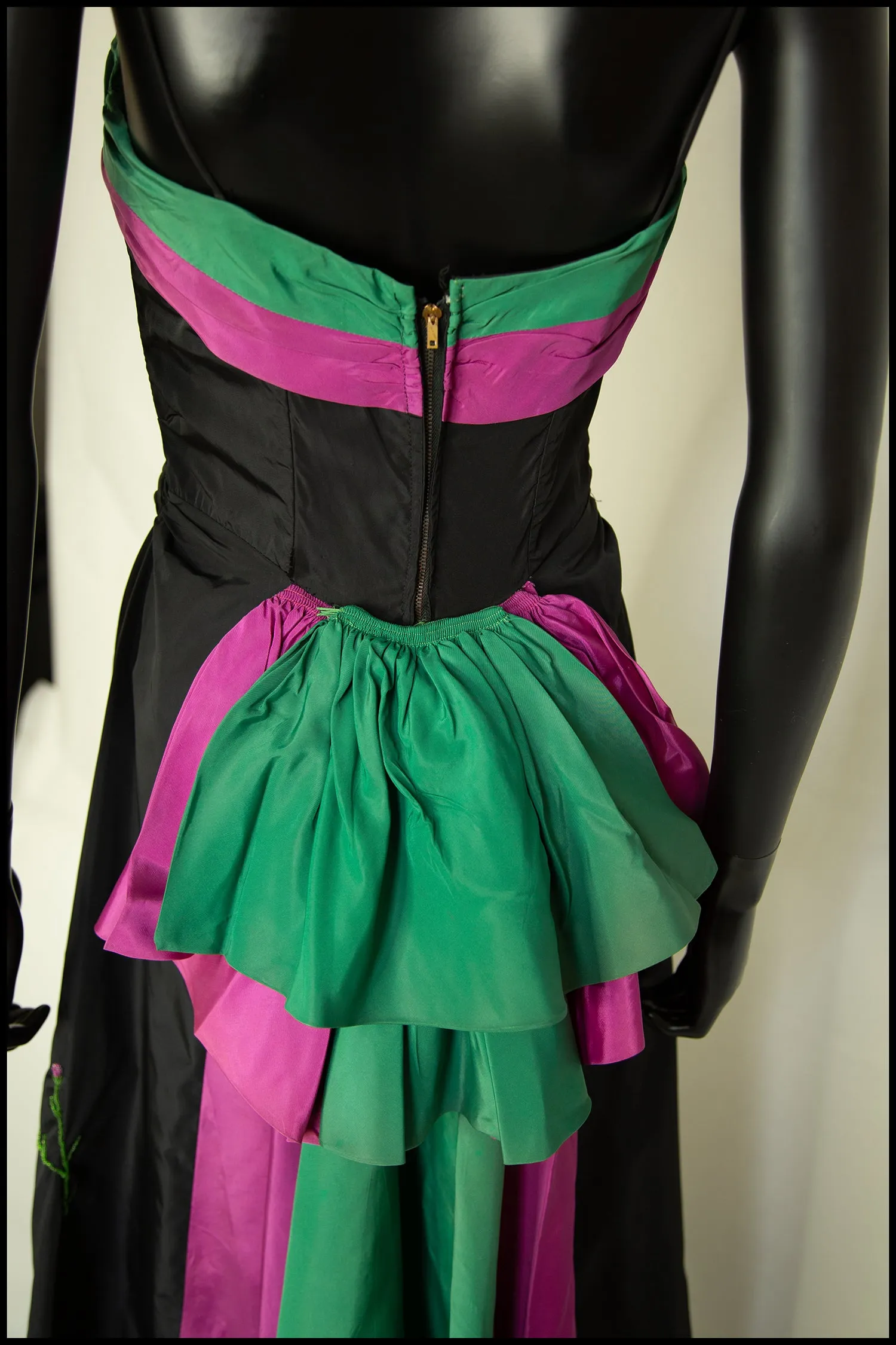 Vintage 1940s Black Green Taffeta Gown