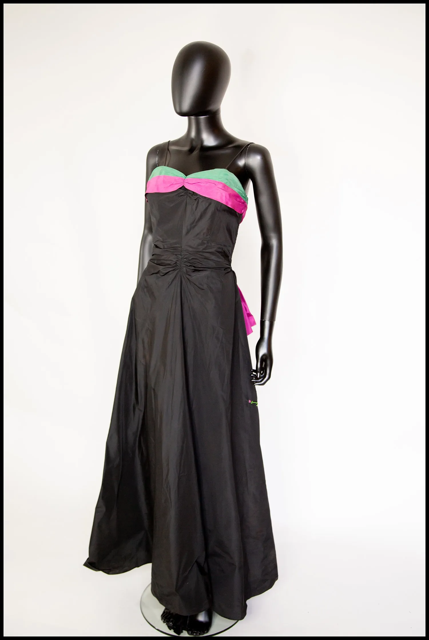 Vintage 1940s Black Green Taffeta Gown