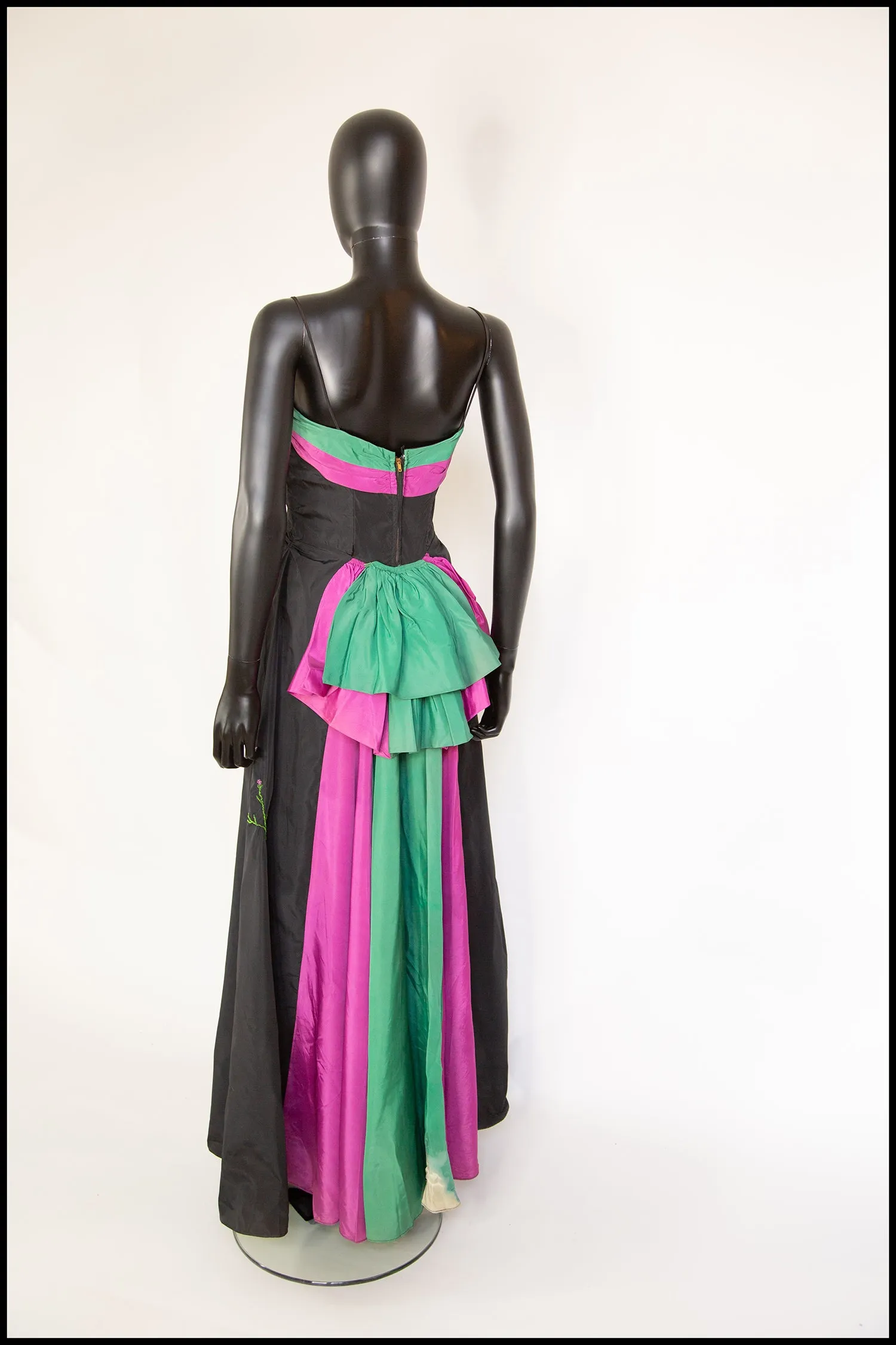 Vintage 1940s Black Green Taffeta Gown