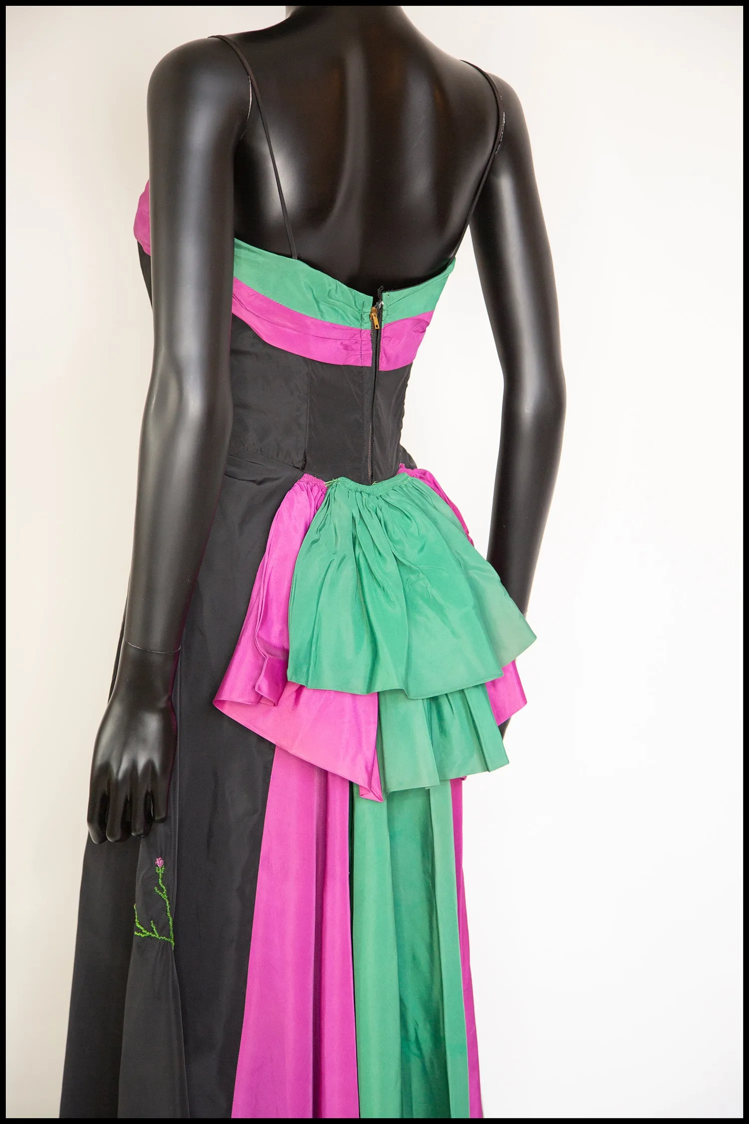 Vintage 1940s Black Green Taffeta Gown