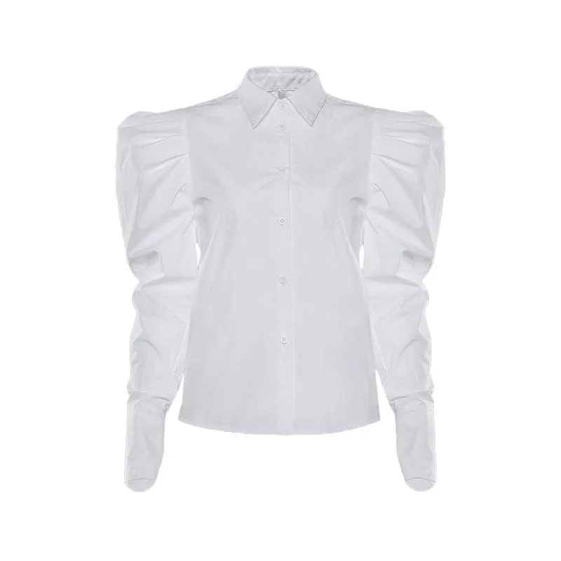 Vintage Frilled Puff Sleeve Pointed Collar Button Up Blouse - White