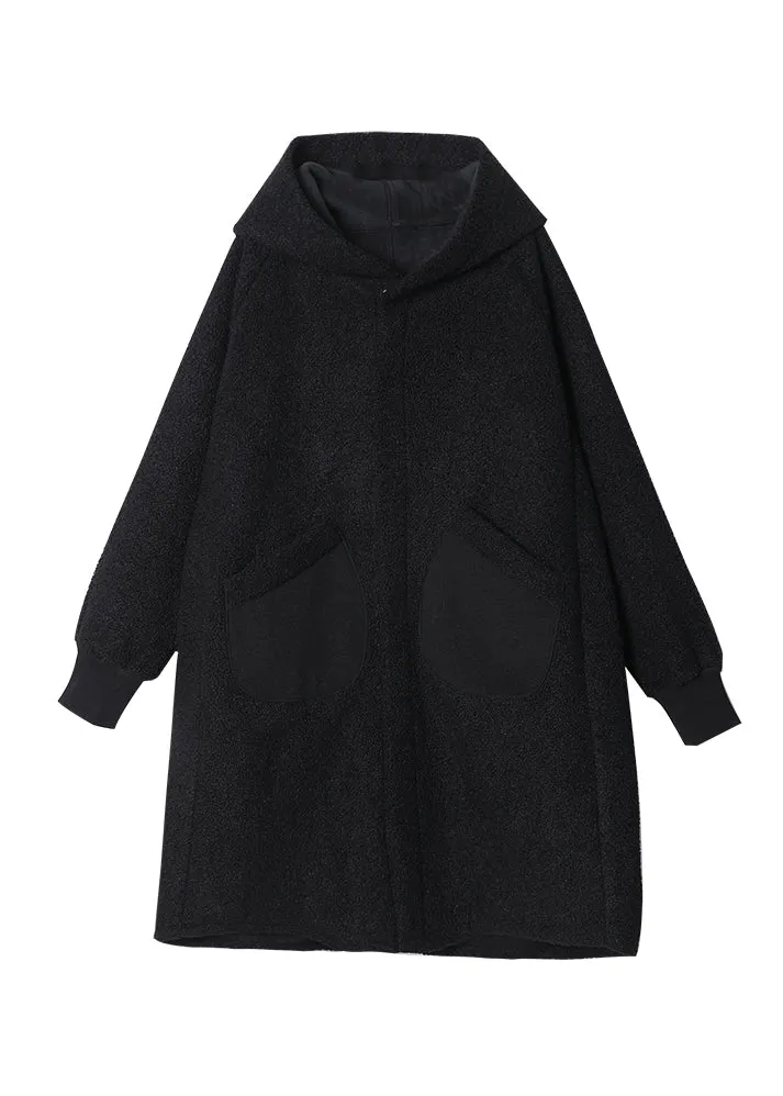 Vogue Black Button Pockets Hooded Woolen Coats Winter