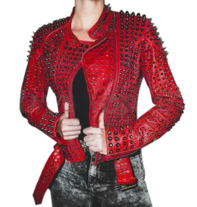 Women Motorcycle Punk Heavy Metal Spiked Tonal Black Studded Red Leather Jacke