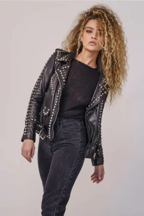 Women's Black Style Silver Spiked Studded Leather Biker jacket