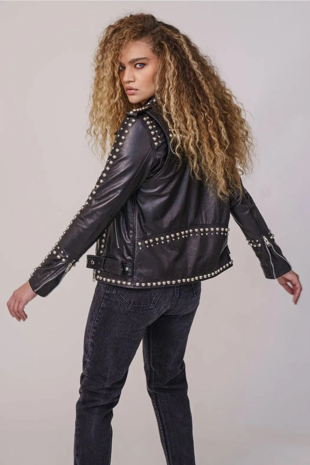 Women's Black Style Silver Spiked Studded Leather Biker jacket