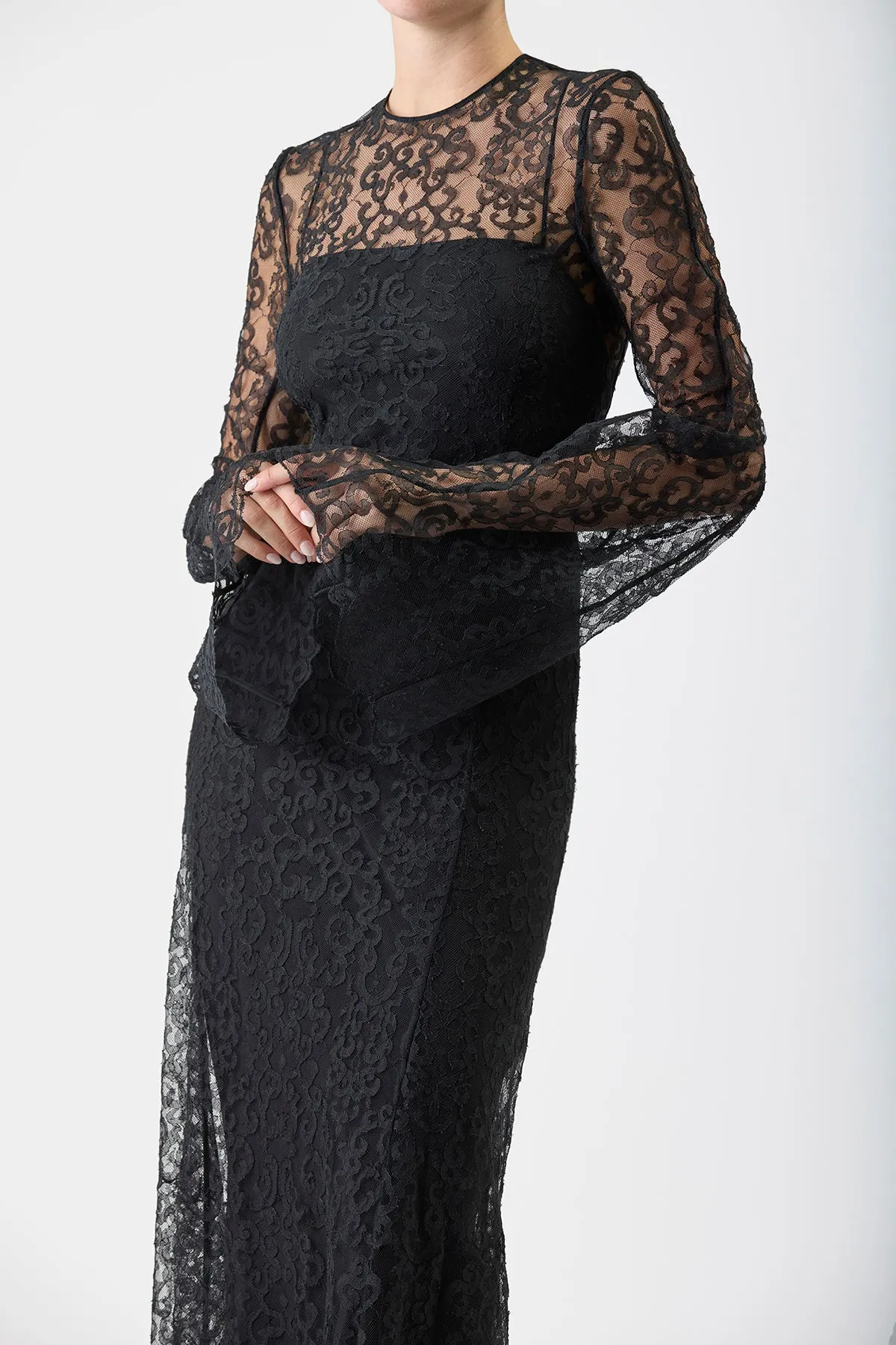 Zimmer Sheer Maxi Dress with Slip in Black Silk Lace