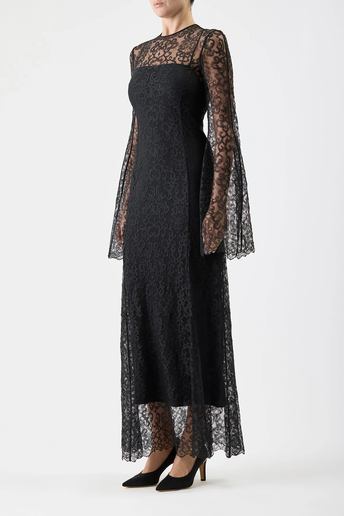 Zimmer Sheer Maxi Dress with Slip in Black Silk Lace